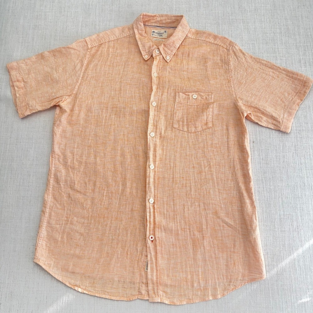 Weatherproof Vintage Mens Large Orange Linen Blend Short Sleeve Shirt